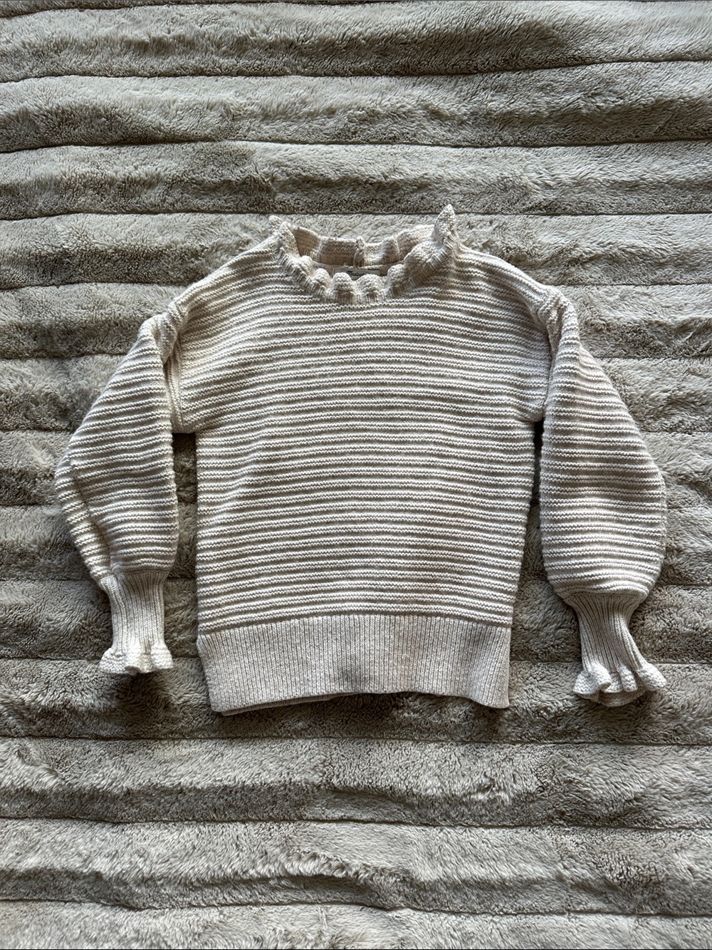 Madewell Cream Ruffle Crewneck Ribbed Sweater